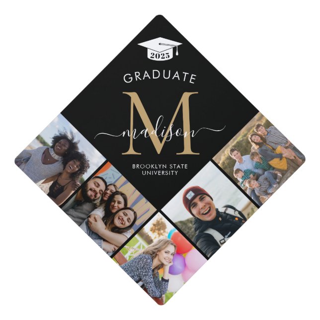 Modern Monogram 5 Photo Black Gold Class Grad Graduation Cap Topper (Front)