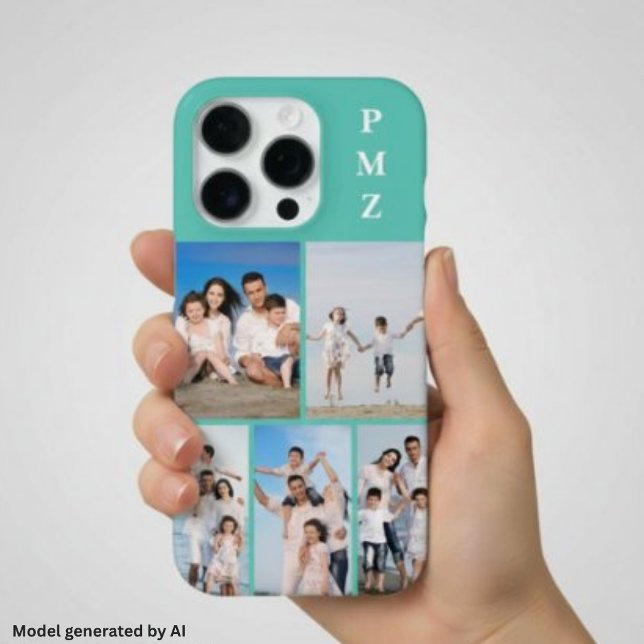 Modern Monogram 5 Photo Collage Aqua Blue Teal iPhone Case (Creator Uploaded)