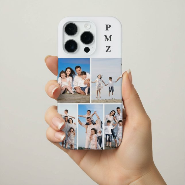 Modern Monogram 5 Photo Collage Cloud Dancer White iPhone Case (Creator Uploaded)