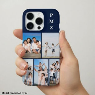 Modern Monogram 5 Photo Collage Dark Navy Blue iPhone 16 Pro Case
