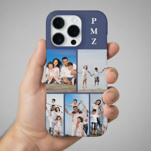 Modern Monogram 5 Photo Collage Dusk Blue iPhone 16 Pro Case