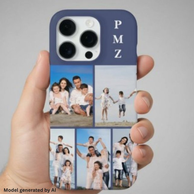 Modern Monogram 5 Photo Collage Dusk Blue iPhone Case (Creator Uploaded)