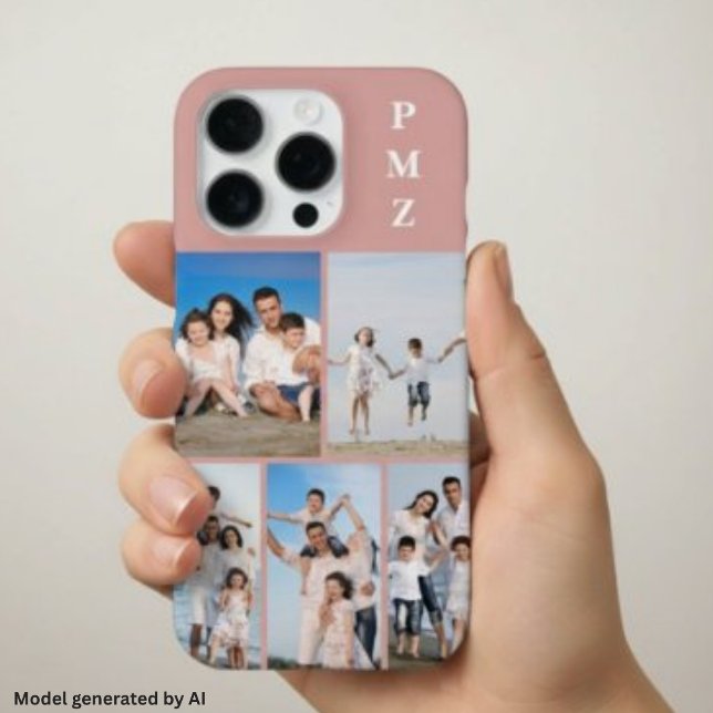 Modern Monogram 5 Photo Collage Dusty Rose iPhone Case (Creator Uploaded)