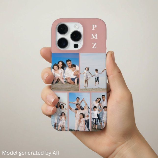 Modern Monogram 5 Photo Collage Dusty Rose iPhone Case (Creator Uploaded)