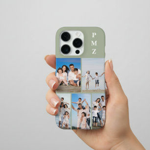 Modern Monogram 5 Photo Collage Sage Green iPhone 16 Pro Case