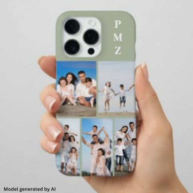 Modern Monogram 5 Photo Collage Sage Green iPhone Case (Creator Uploaded)