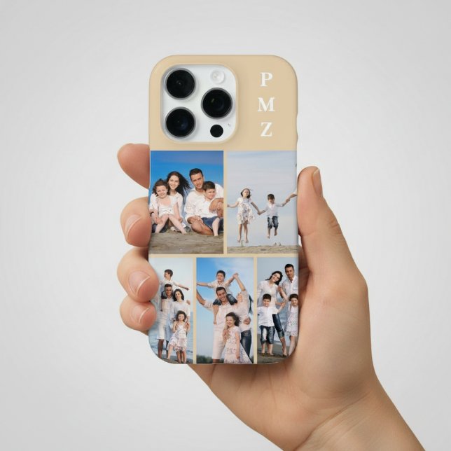 Modern Monogram 5 Photo Collage Sand Cream Beige iPhone Case (Creator Uploaded)
