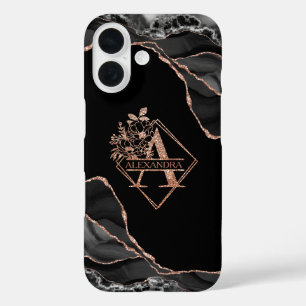 Modern Monogram A Black Agate Marble Rose Gold  iPhone 16 Case