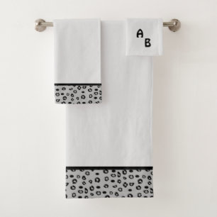 Modern Monogram and Leopard Pattern on Silver Grey Bath Towel Set