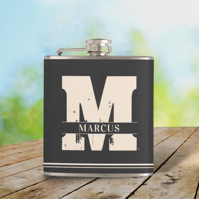 Modern Monogram and Name Dark Grey Man  Hip Flask (Creator Uploaded)
