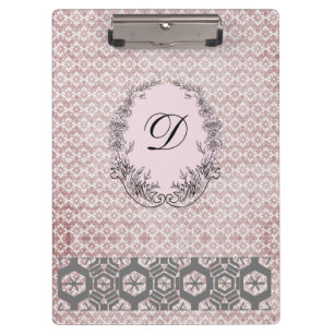 Modern Monogram Antique Pattern  Vintage Pink Grey Clipboard