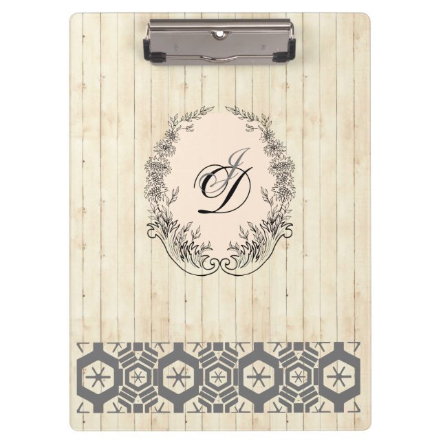 Modern Monogram Antique Pattern  Vintage Wood Clipboard (Front)