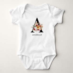 Modern Monogram Autumn  Fall Watercolor Florals  Baby Bodysuit