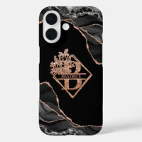 Modern Monogram B Black Agate Marble Rose Gold