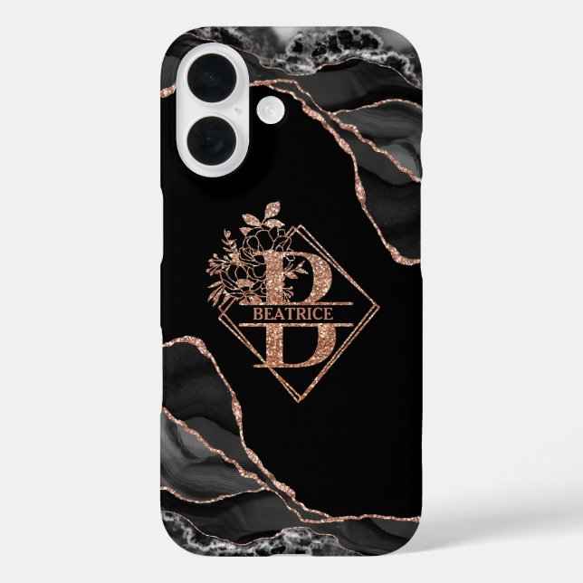 Modern Monogram B Black Agate Marble Rose Gold  Case-Mate iPhone Case (Back)