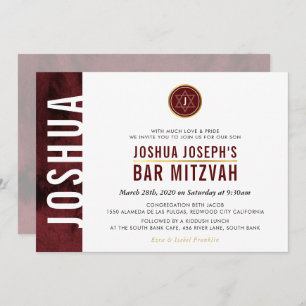 MODERN MONOGRAM BAR MITZVAH side bar maroon red Invitation