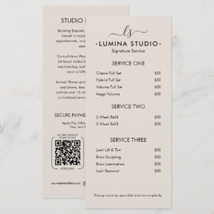 Modern Monogram Beauty Price List Sand Service Menu