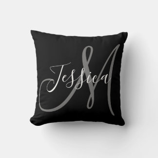 Modern Monogram Black and Gray Throw Pillow