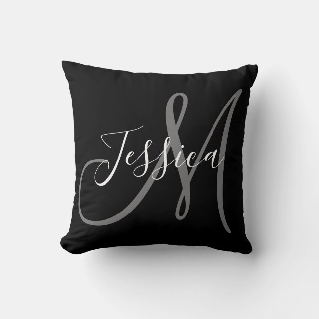 Modern Monogram Black and Gray Throw Pillow (Front)