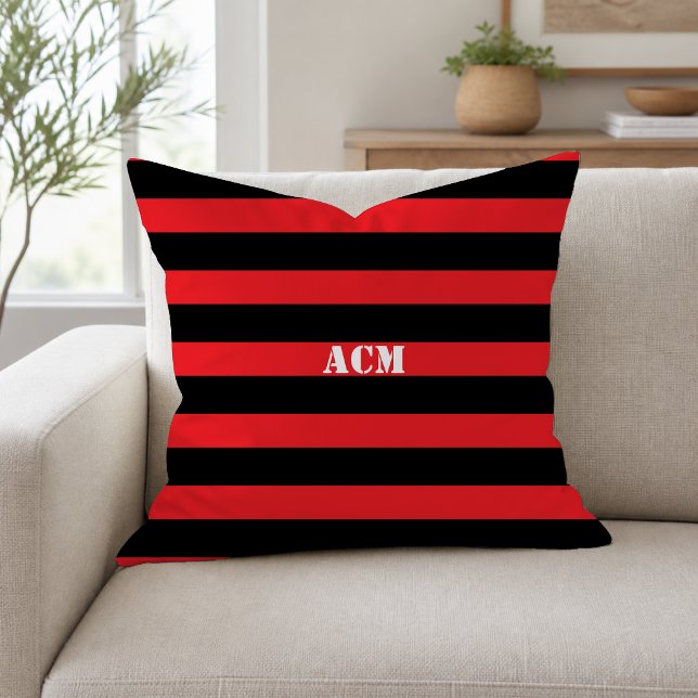 Modern Monogram Black and Red Stripes Throw Pillow (Creator Uploaded)