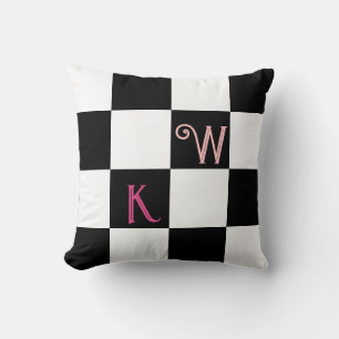 Modern Monogram Black and White Check Throw Pillow