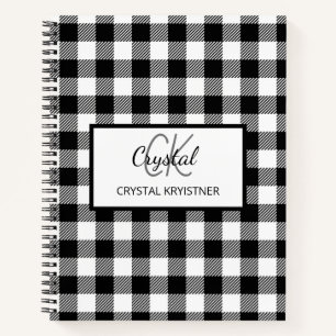 Modern Monogram Black and White Plaid  Notebook