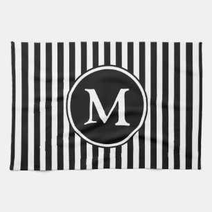 Modern Monogram Black And White Stripes Kitchen Towel