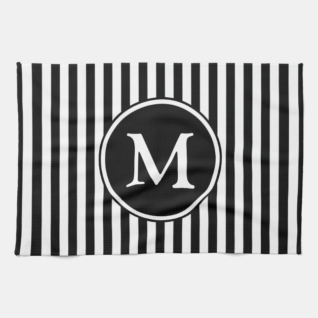 Modern Monogram Black And White Stripes Kitchen Towel (Horizontal)