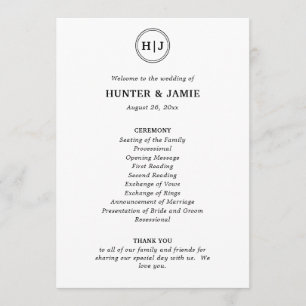 Modern Monogram Black and White Wedding Program
