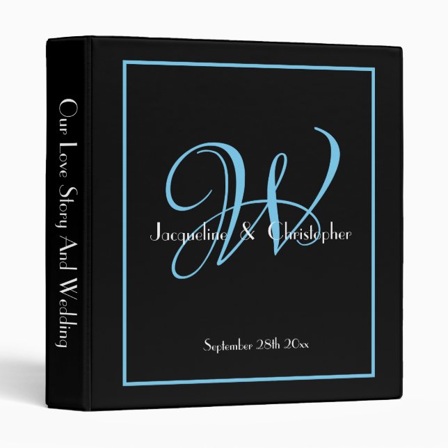 Modern Monogram Black & Aqua Blue Chic Wedding  Binder (Front/Spine)