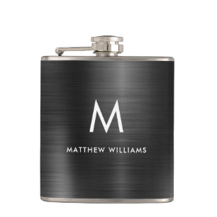 Modern Monogram Black Faux Brushed Steel Metal Hip Flask