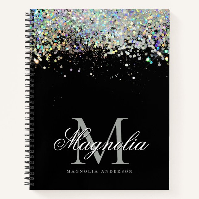 Modern Monogram Black Glitter Dot Grid Journal (Front)