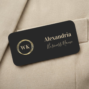 Modern Monogram Black Gold Employee Name Tag