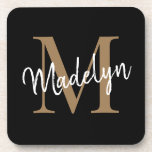 Modern Monogram Black Gold Feminine Script Name Coaster<br><div class="desc">Modern Monogram Black Gold Feminine Script Name Beverage Coaster. Easily personalize this modern elegant beverage coaster with your custom monogram and name.</div>