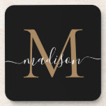 Modern Monogram Black Gold Feminine Script Name Coaster<br><div class="desc">Modern Monogram Black Gold Feminine Script Name Beverage Coaster</div>