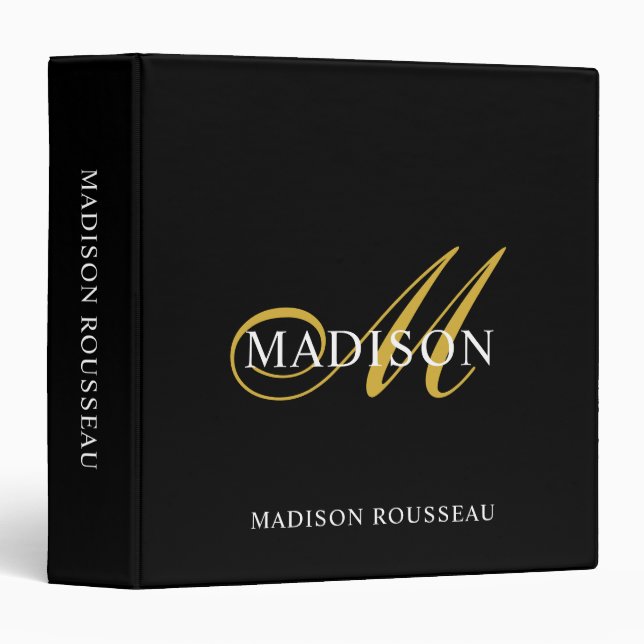 Modern Monogram Black Gold Flourish Script  Binder (Front/Spine)