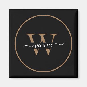 Modern Monogram Black Gold Minimal Script Name  Magnet