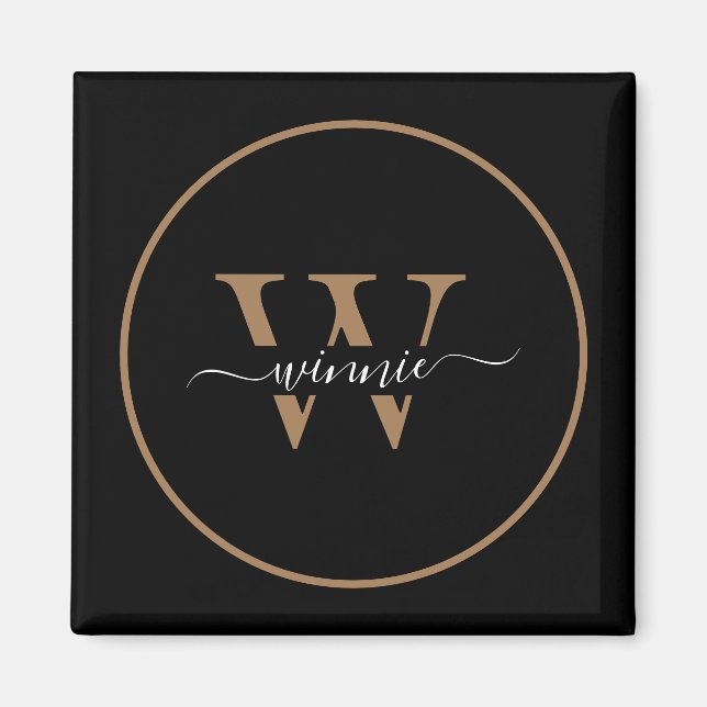 Modern Monogram Black Gold Minimal Script Name  Magnet (Front)