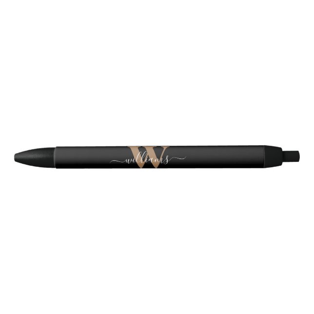 Modern Monogram Black Gold Script Initial Name Black Ink Pen (Front)