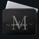 Modern Monogram Black Gray Silver Girly Script Laptop Sleeve<br><div class="desc">Modern Monogram Black White Girly Chic Script Name computer sleeve</div>