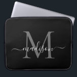 Modern Monogram Black Gray Silver Girly Script Laptop Sleeve<br><div class="desc">Modern Monogram Black White Girly Chic Script Name computer sleeve</div>