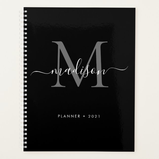 Modern Monogram Black Grey Girly Script Name 2021 Planner (Front)