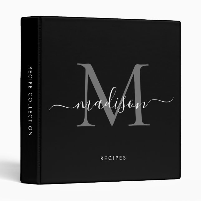 Modern Monogram Black Grey Script Kitchen Recipe Binder (Front/Spine)