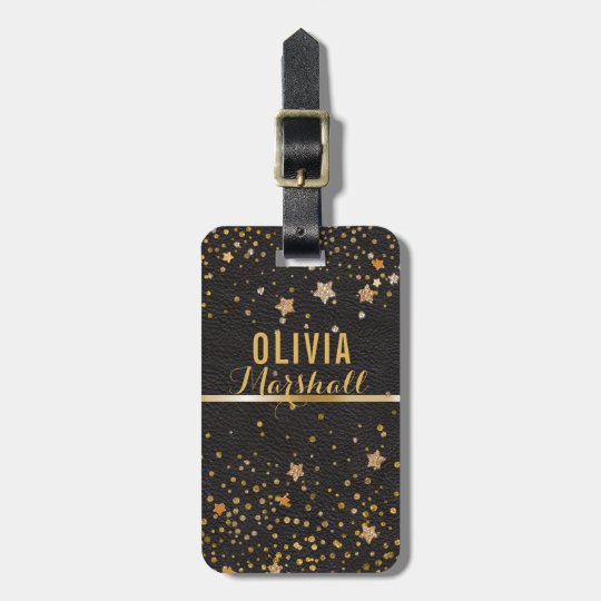 Modern Monogram | Black Leather Gold Glitter Stars Luggage Tag