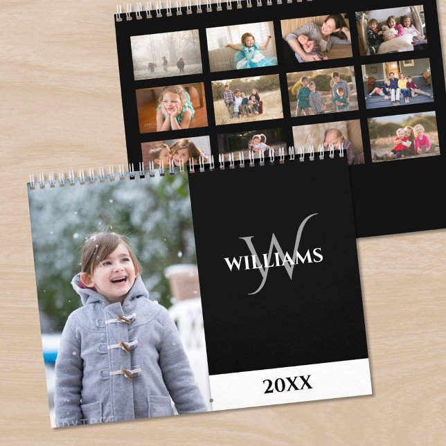 Modern Monogram Black Photo Calendar (Modern Monogram Black Photo Calendar, front/back)