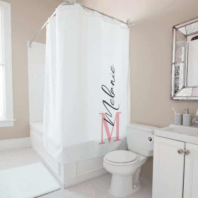 Modern Monogram Black Pink White Shower Curtain (In Situ)