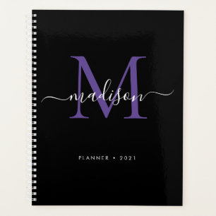 Modern Monogram Black Purple Girly Script 2021 Planner