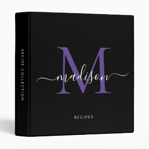 Modern Monogram Black Purple Script Kitchen Recipe Binder