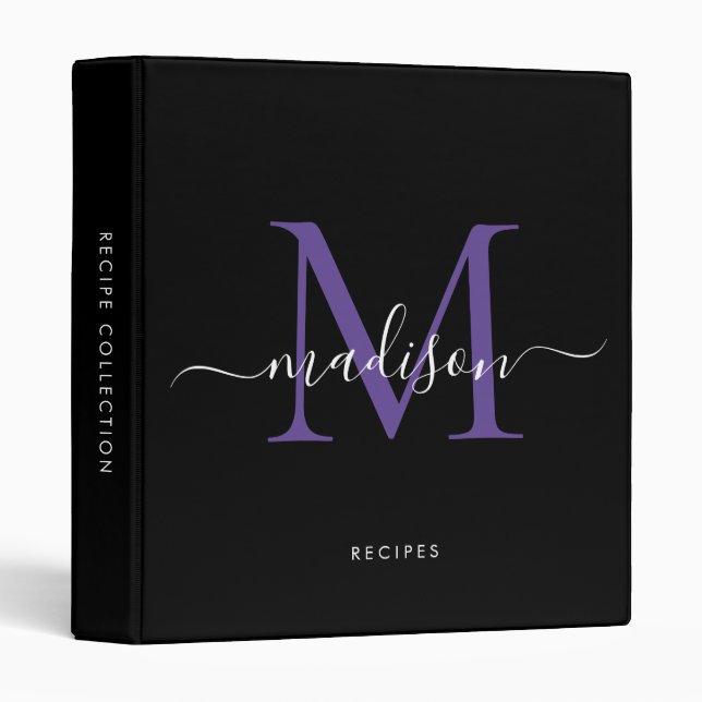 Modern Monogram Black Purple Script Kitchen Recipe Binder (Front/Spine)