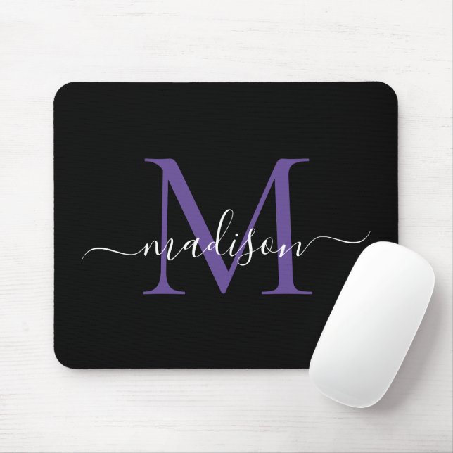 Modern Monogram Black Purple Violet Girly Script Mouse Pad (With Mouse)